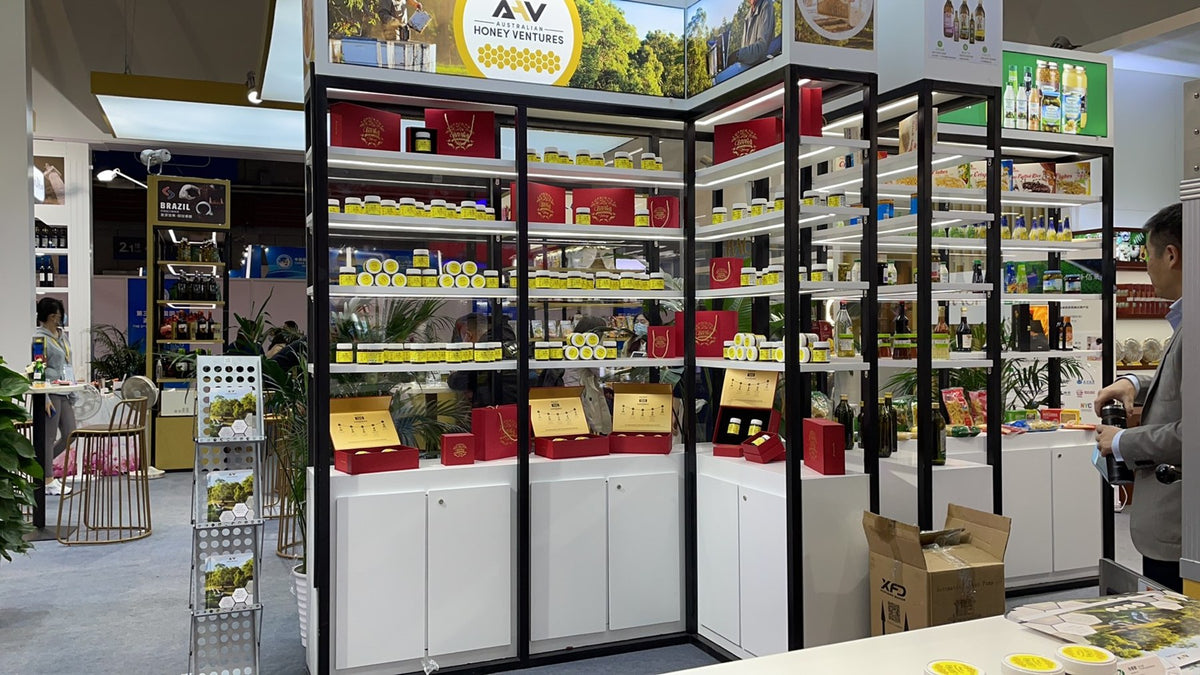 Australian Honey Ventures product display at an exhibition in Shanghai