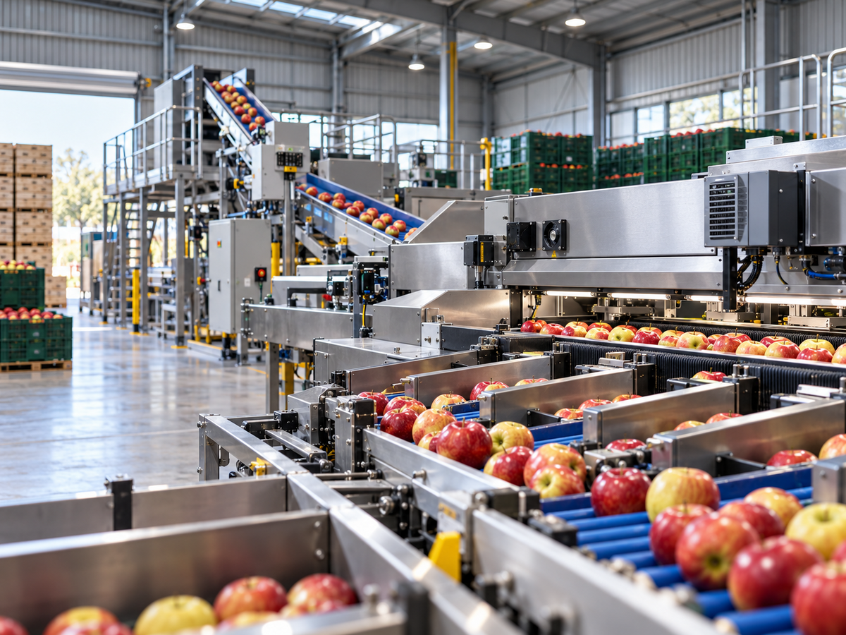 Fruit grading and sorting equipment in a commercial packing facility