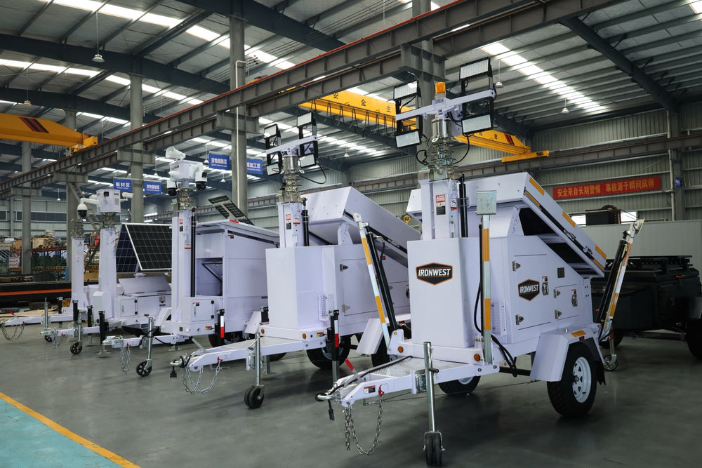 IronWest IW89V solar lighting towers on the factory production floor