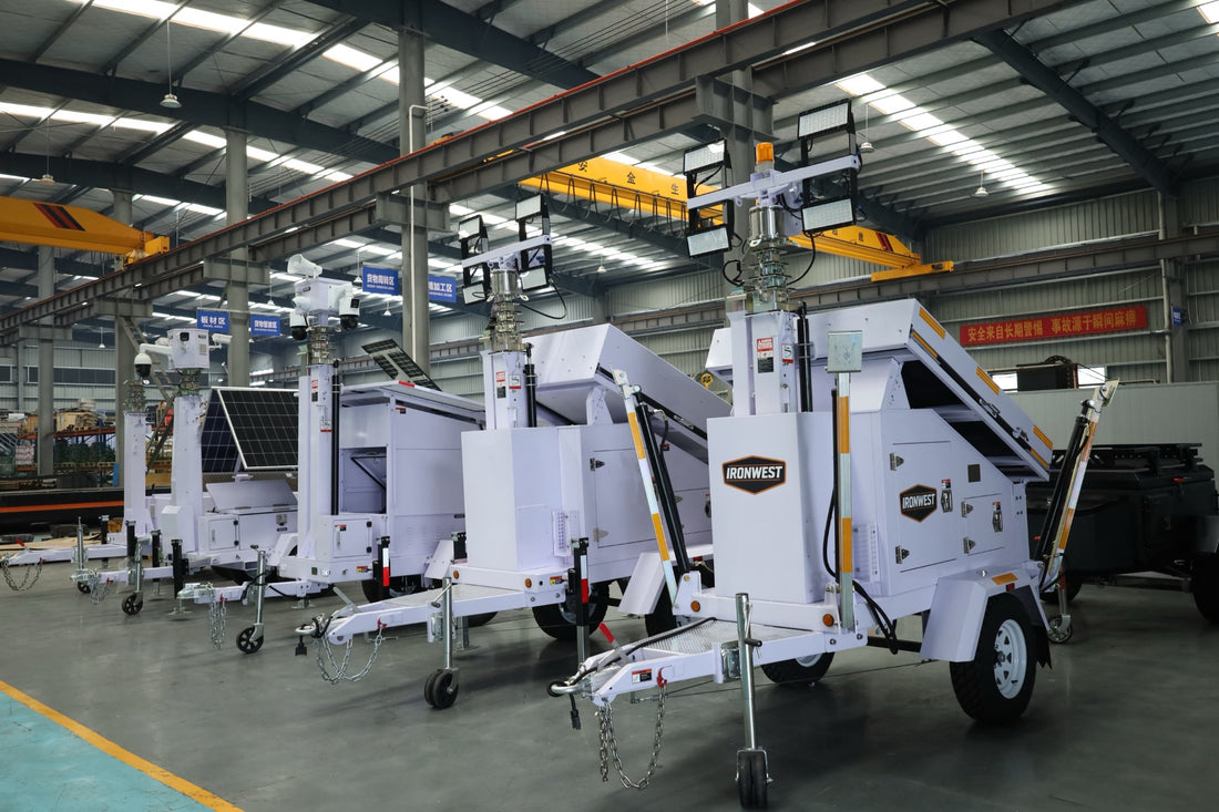 IronWest IW89V solar lighting towers on the factory production floor